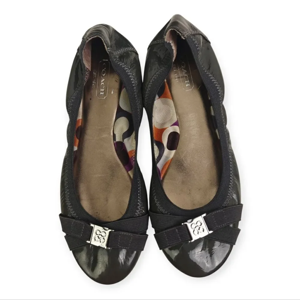 Coach Silver Gray Patent Leather Flats with Logo Buckle